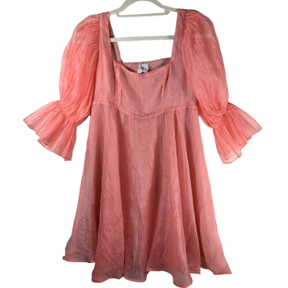 Buddy Love Coral Sheer Baby Doll Flirty Puff Sleeve Mini Fairycore Dress Size S - Picture 2 of 9